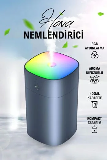 Tiffany Hava Nemlendirici 400mL Taşınabilir Ultrasonik Hava Nemlendirici Aroma Difüzörü H2o Gri